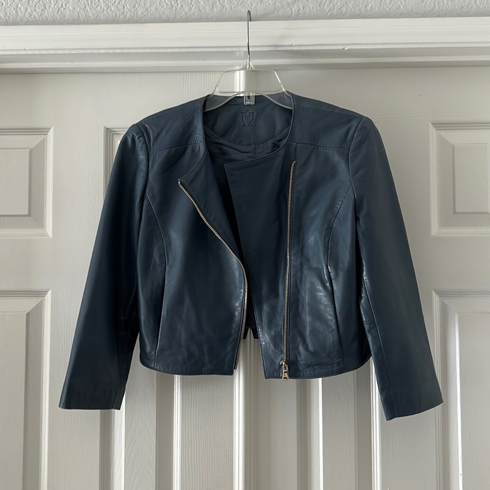 Massimo Dutti light blue crop leather jacket
